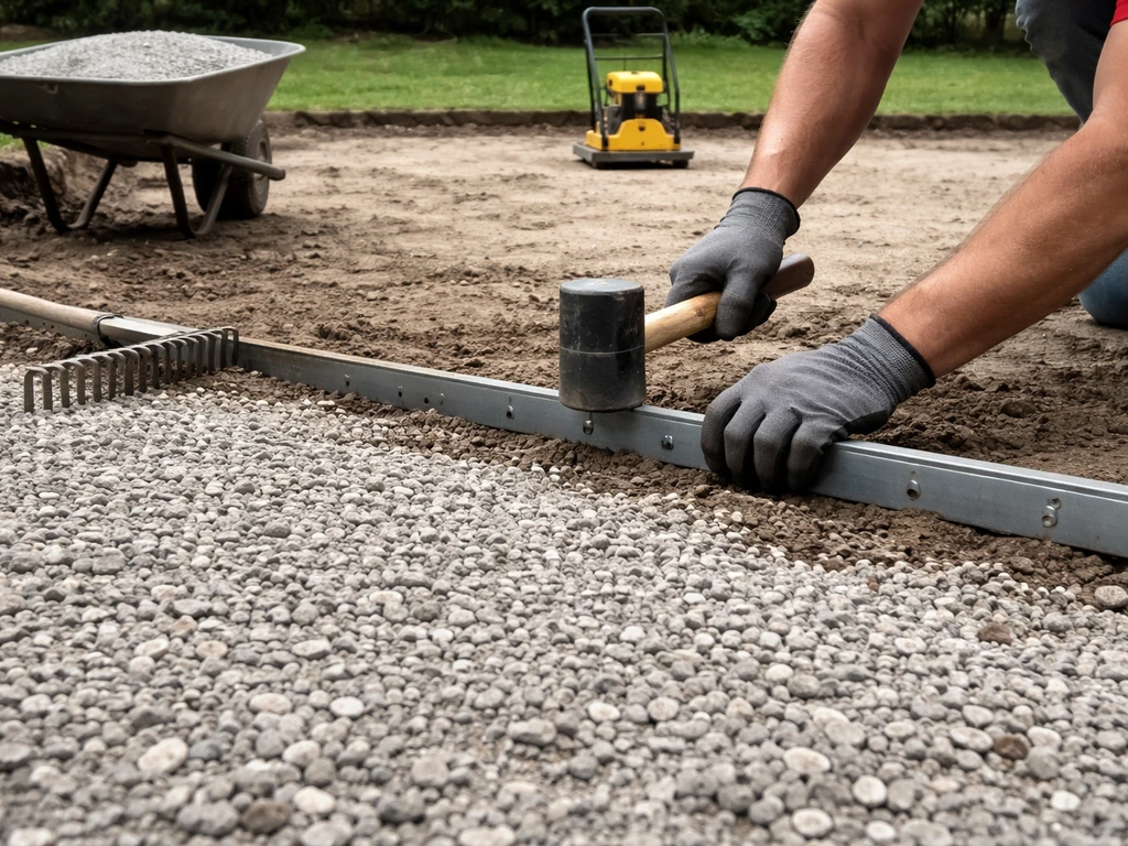 Worker sets a metal patio edge restraint and spreads crushed stone base into an even layer.