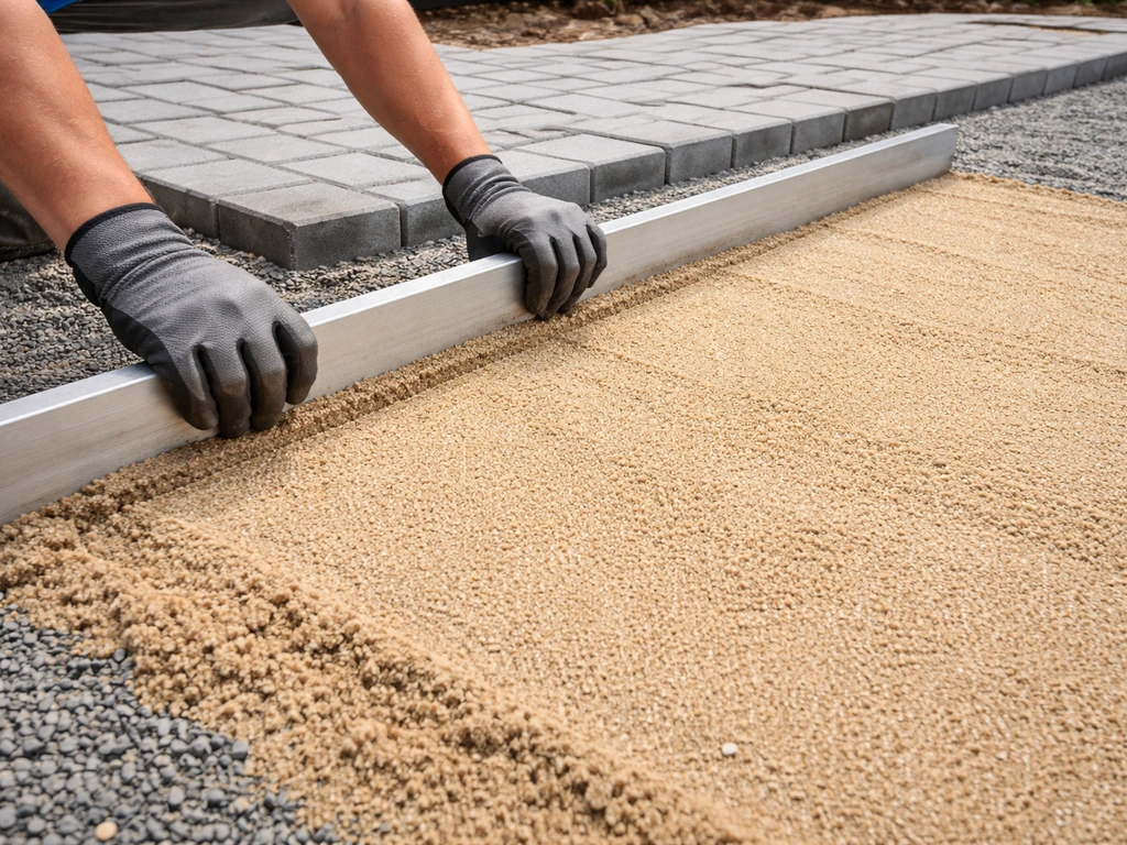 Gloved hands screeding coarse sand over compacted gravel with pavers partially laid.