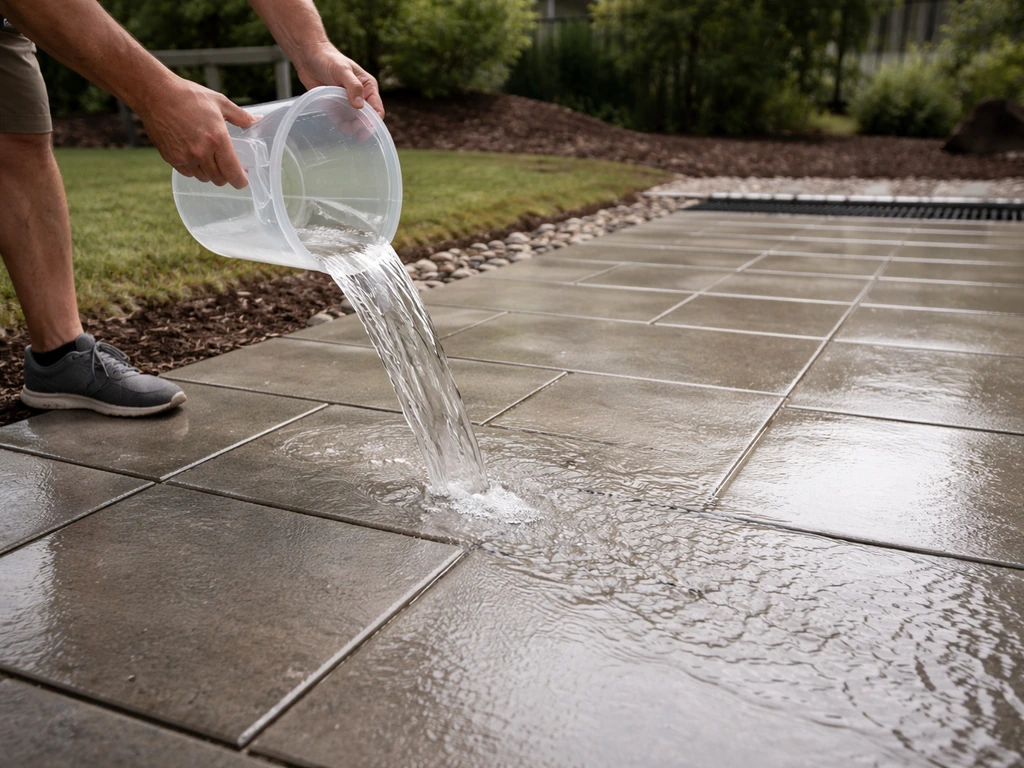 Bucket water flows steadily away from a newly installed patio slope instead of pooling.