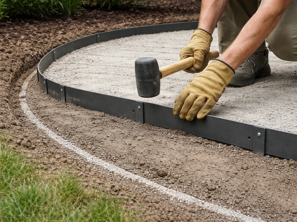Hands using a rubber mallet to tap metal patio edging into a freshly dug perimeter trench.