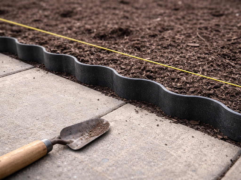 Close-up of wavy patio edging contrasted with a taut straight string line reference.