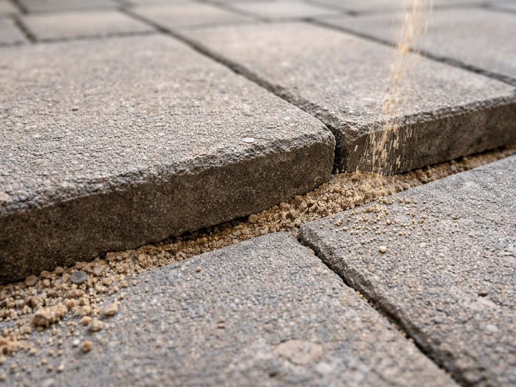 Garden paver edging with visible gaps where joint sand has washed out, topped with fresh sand.