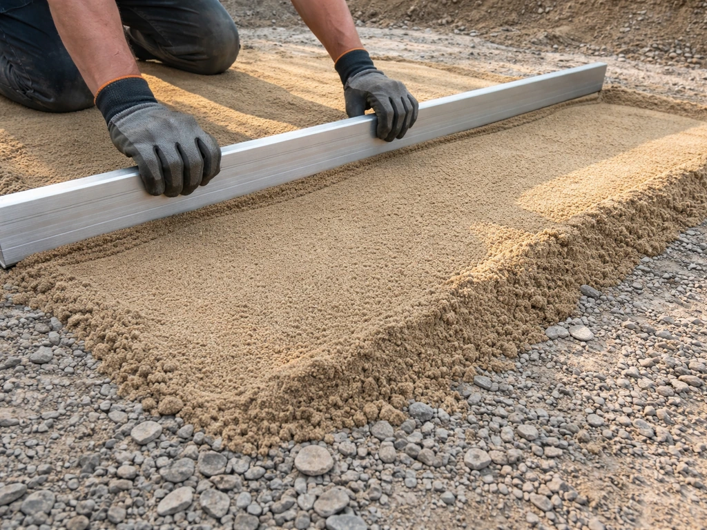 Gloved hands leveling bedding sand over compacted crushed stone for a patio paver base.