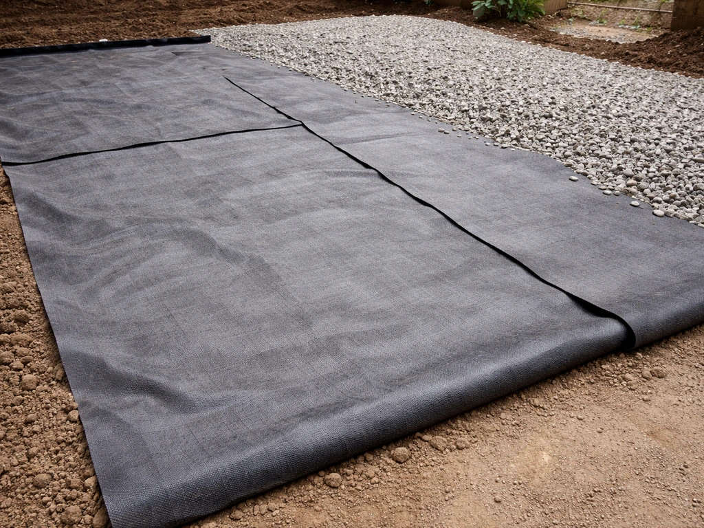 Geotextile landscape fabric spread over compacted soil with gravel sub-base starting above, simple patio prep.