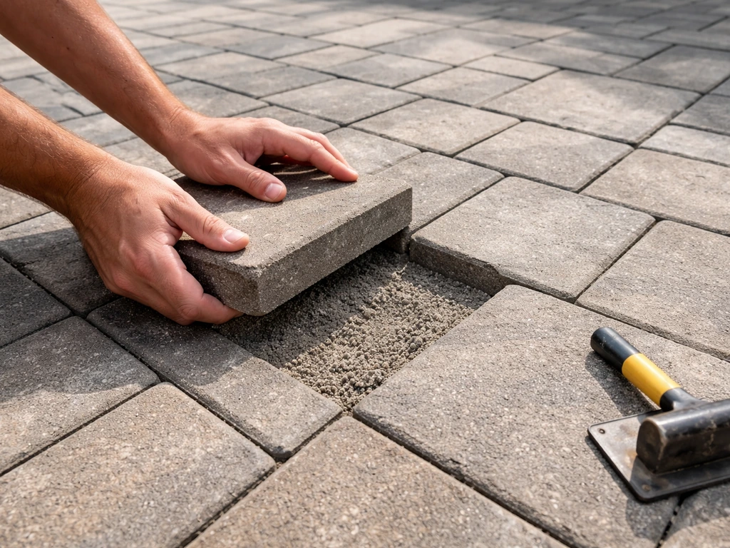 Hands lifting a rocking patio paver to adjust sand beneath, with aligned pavers in view.