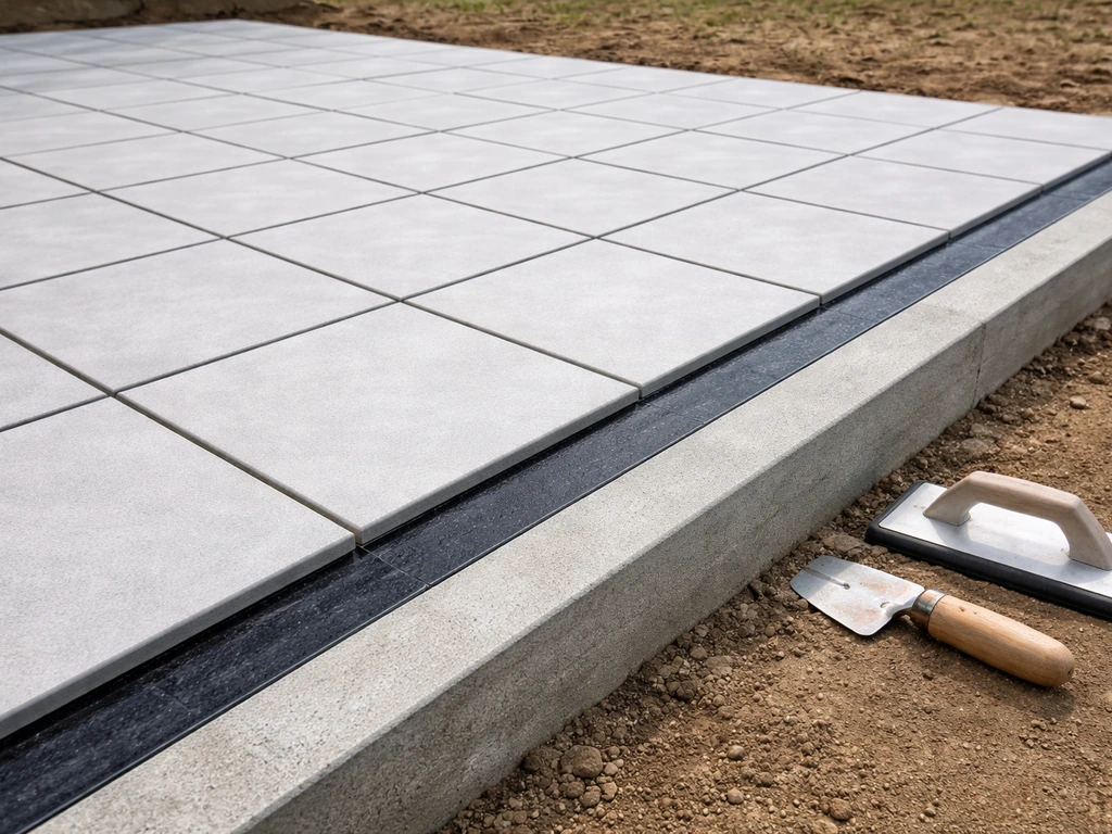 Freshly installed outdoor tile patio with clean grout lines and a waterproof-ready layout.
