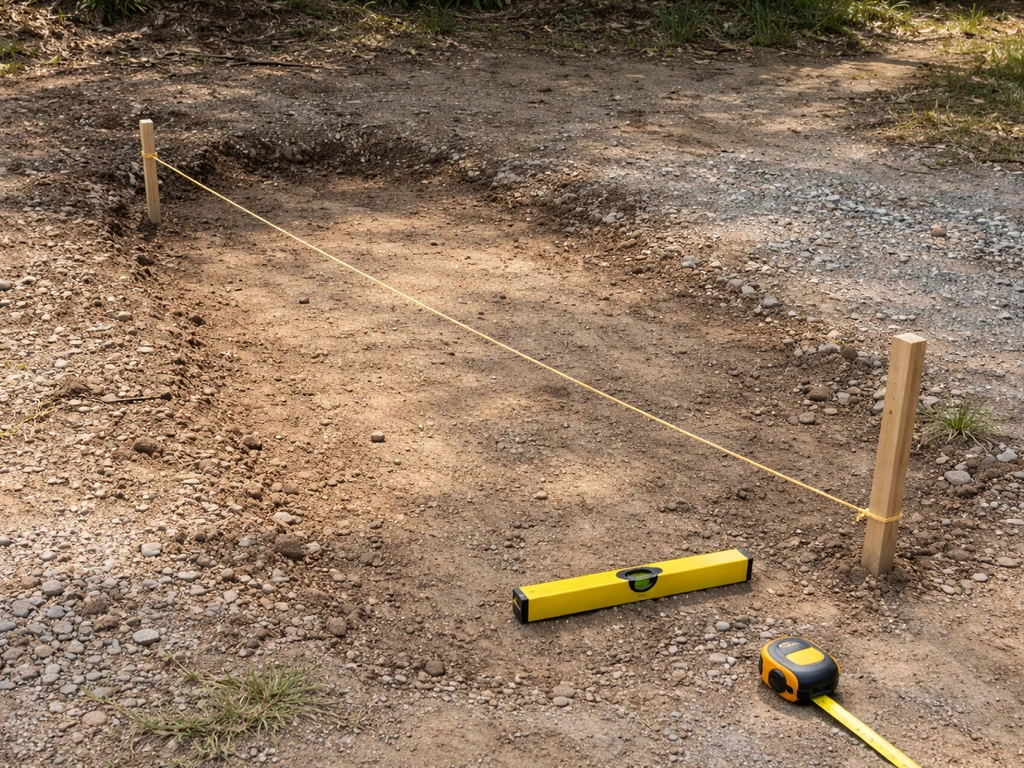 Close-up of a string line on outdoor ground marking the direction for water runoff slope
