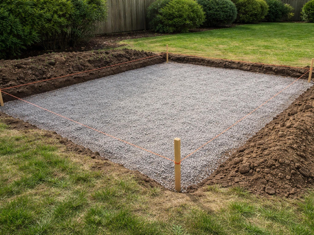 Backyard patio area marked with stakes and string, with excavated ground and a graded gravel base ready for drainage.
