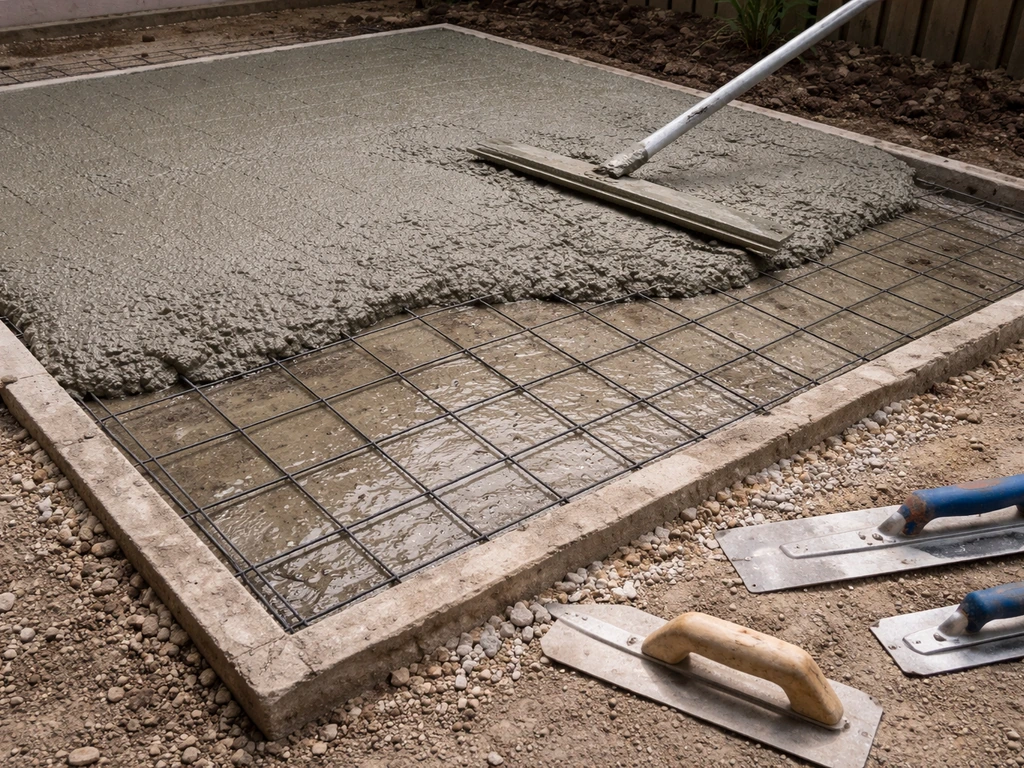 Fresh concrete slab poured over visible wire mesh, leveled for a tile patio foundation.