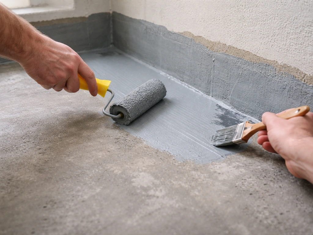 Hands rolling a liquid waterproofing membrane over a cured concrete seam before tiling.