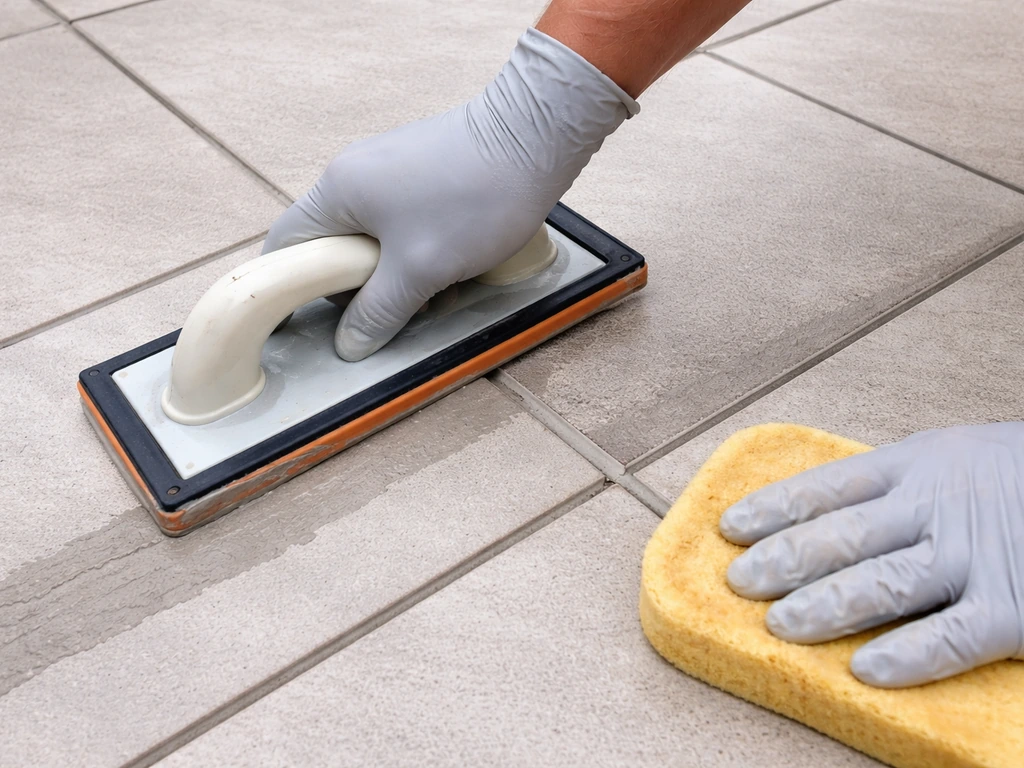 Hand grouting an outdoor tile patio, wiping joints clean to reveal a smooth sealed finish.