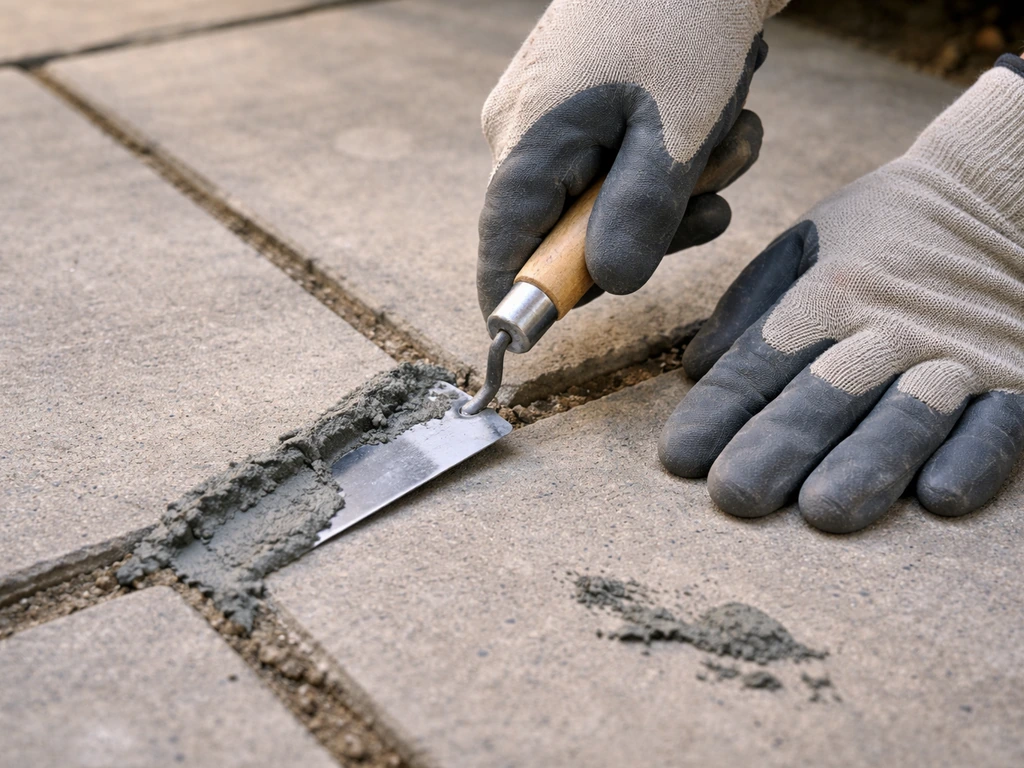 Close-up of fresh mortar being troweled into raked joints between patio pavers during DIY repointing.