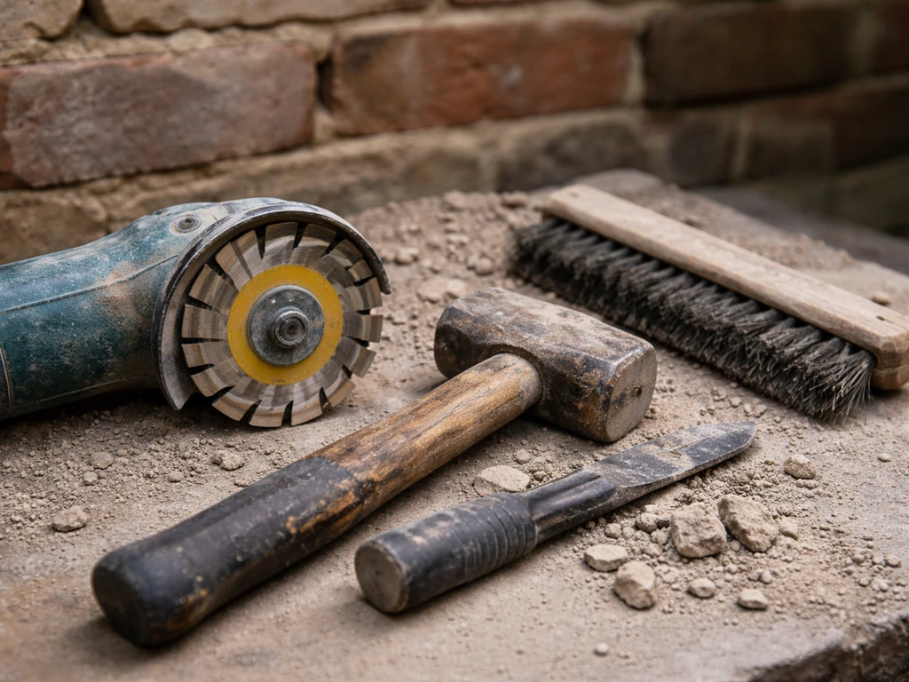 Angle grinder with pointing disc, chisel, club hammer, and stiff brush laid on masonry debris.