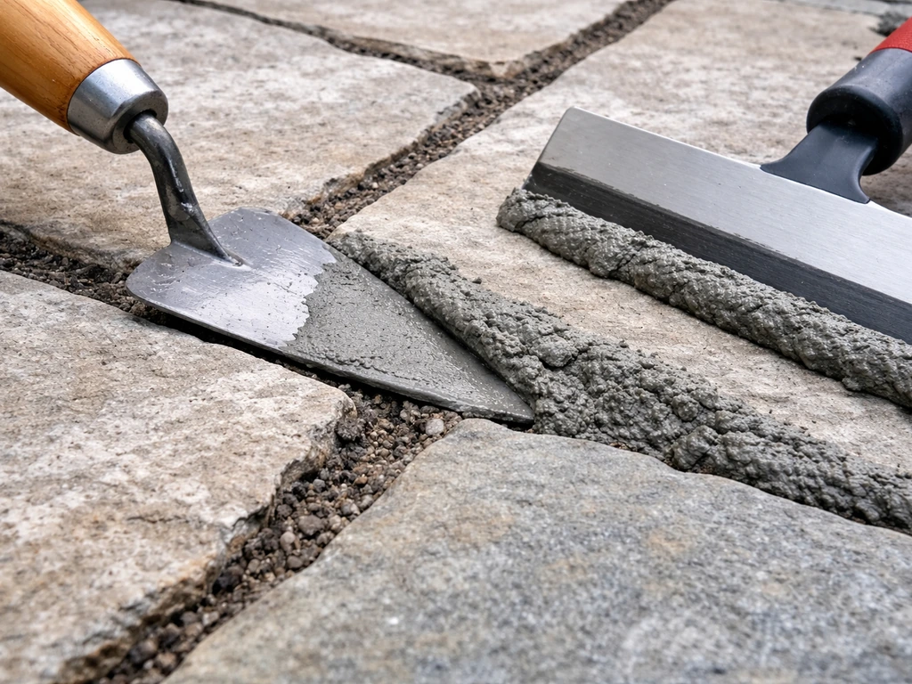 Close-up of a garden patio joint being raked out and freshly filled with mortar using a pointing trowel