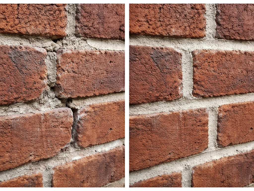Close-up of crumbling mortar joints beside a freshly redone, firm mortar joint in natural brickwork.