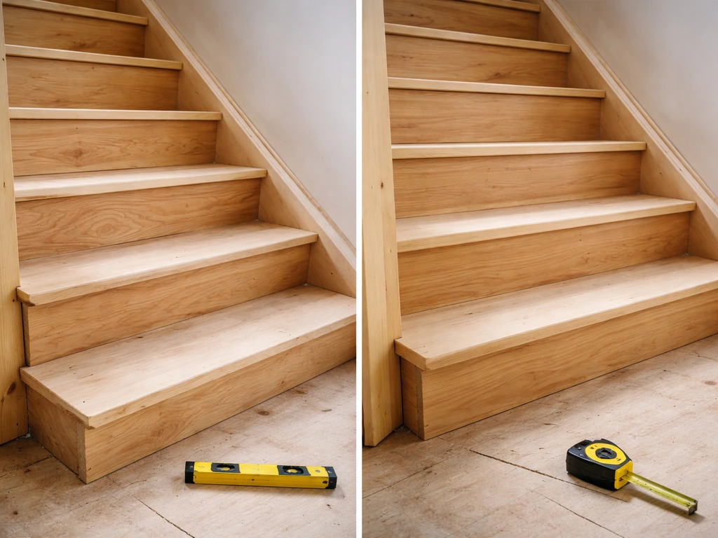 Close-up of uneven vs leveled staircase steps under construction with tools nearby.
