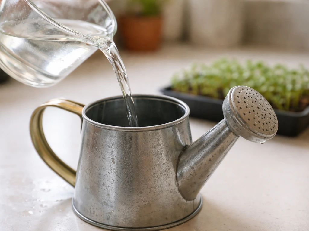 Close-up of diluted nitrogen-forward nutrient mix being prepared in a watering can for seedlings.