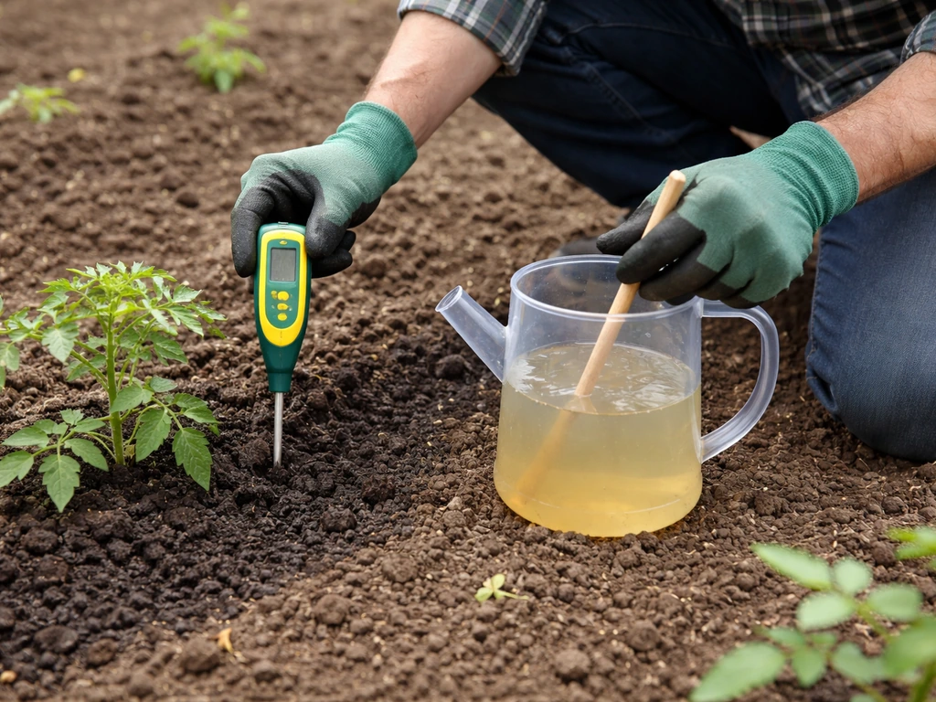 Gardener tests soil pH in outdoor dirt and prepares pH-adjusted water near roots.