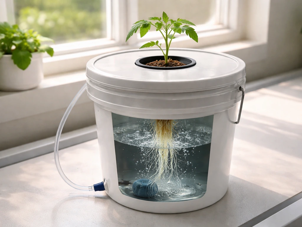 Minimal DWC bucket hydroponic tomato setup with net pot, roots in water, and an air line bubbling.