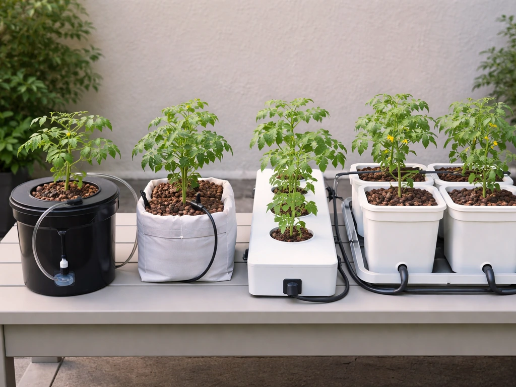Minimal side-by-side photo of four hydroponic tomato container setups on a clean patio bench.