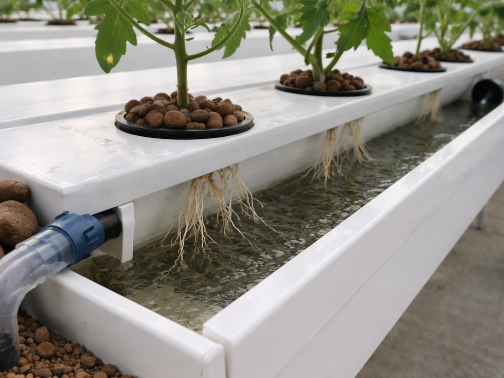 Tomato roots in a shallow NFT channel with flowing nutrient film and visible inlet/drain piping.