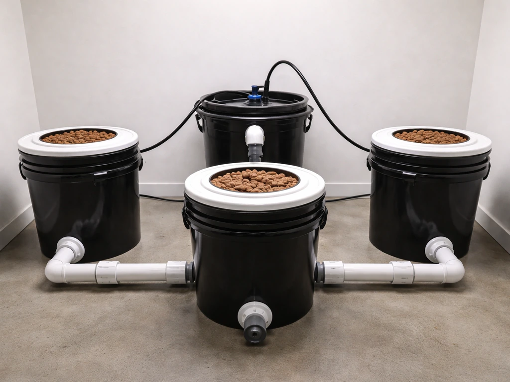 Indoor RDWC hydroponic setup with multiple buckets, recirculating plumbing, and a central reservoir