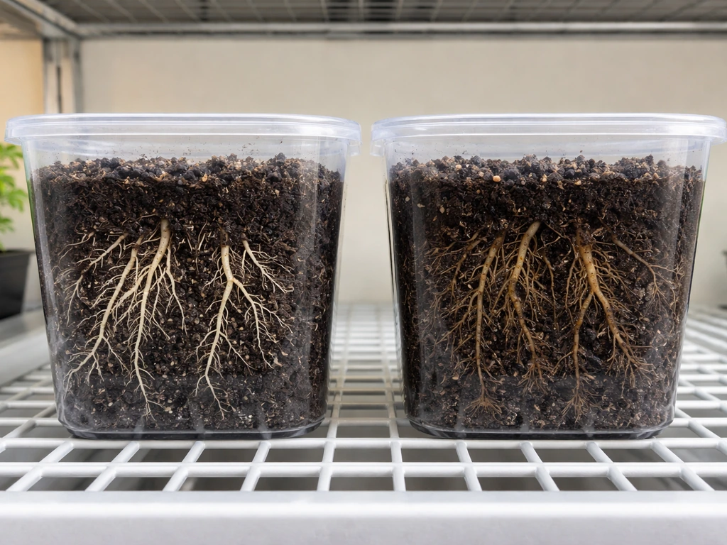 Two side-by-side root containers showing healthy white roots versus brown slimy root rot roots.