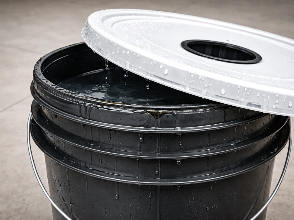 Leaking DWC bucket lid seal with wet waterline damage around the grommet area.