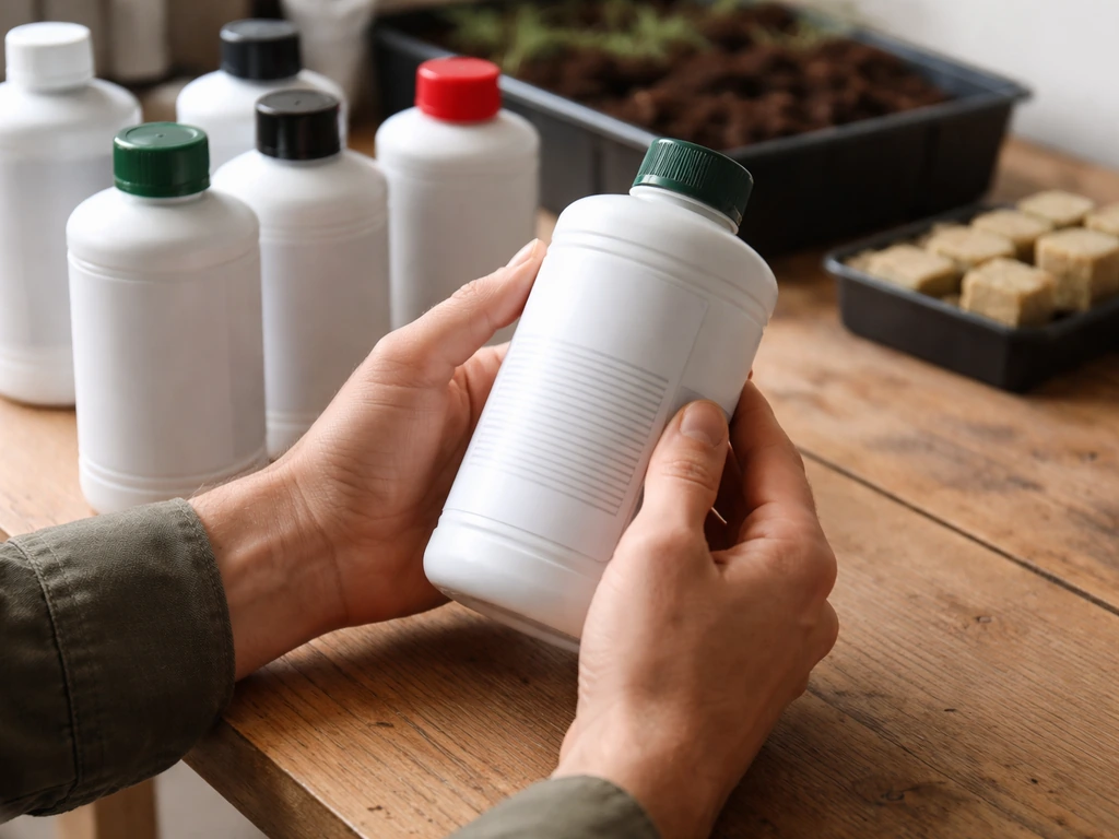 Tabletop view of nutrient bottles with hands checking organic-style labeling cues