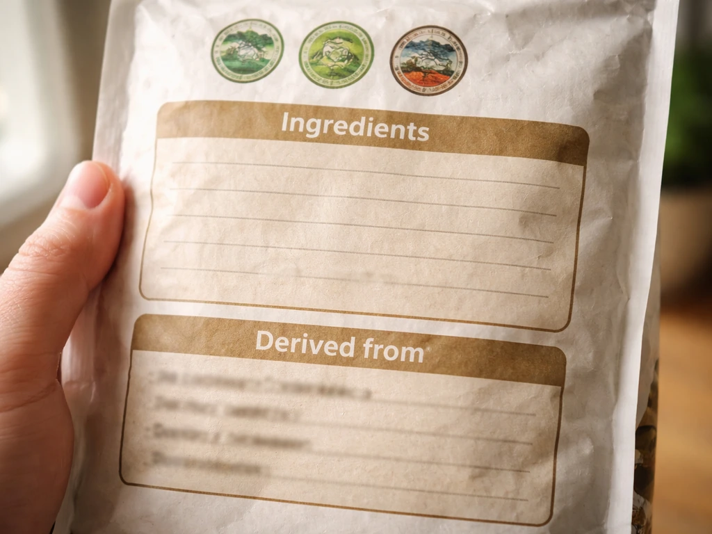 Close-up of a fertilizer product label with certification logo area and ingredients/directions sections, no readable tex