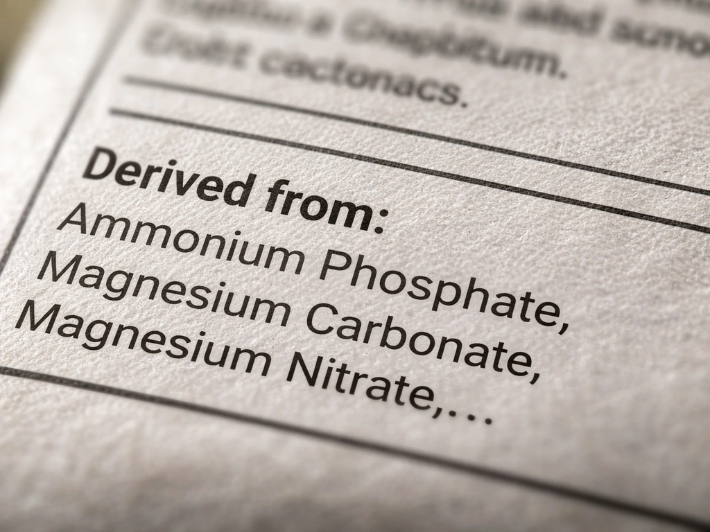Macro close-up of a fertilizer label’s “Derived from” line under guaranteed analysis.