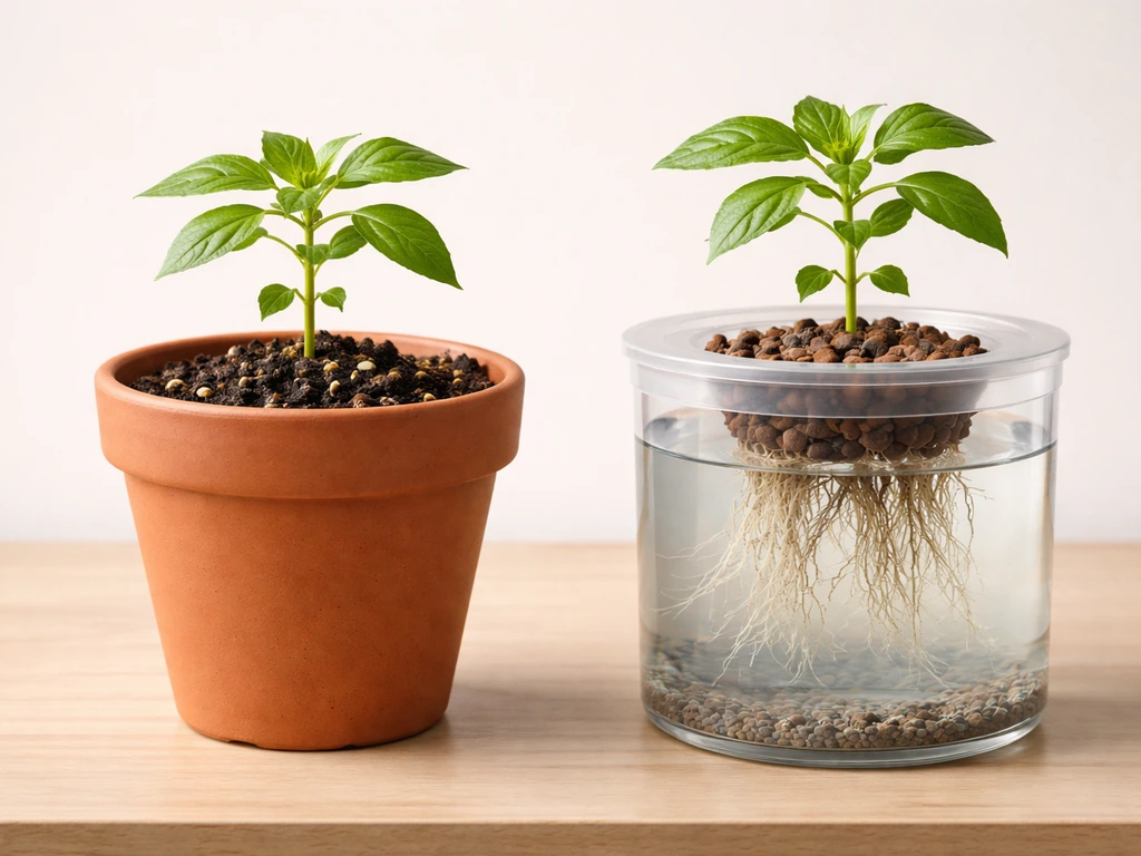 Left terracotta pot with moist soil plant; right hydroponic tank with roots in nutrient water.
