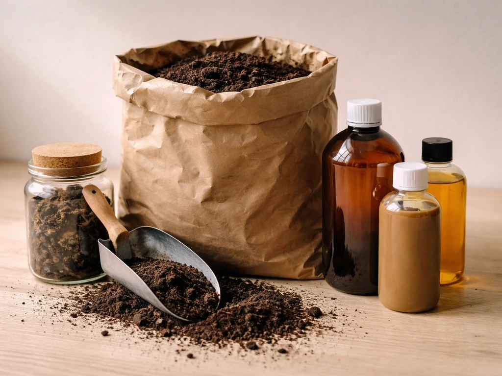 Organic potting mix and compost amendments laid out with a separate nutrient bottle set on a clean surface.