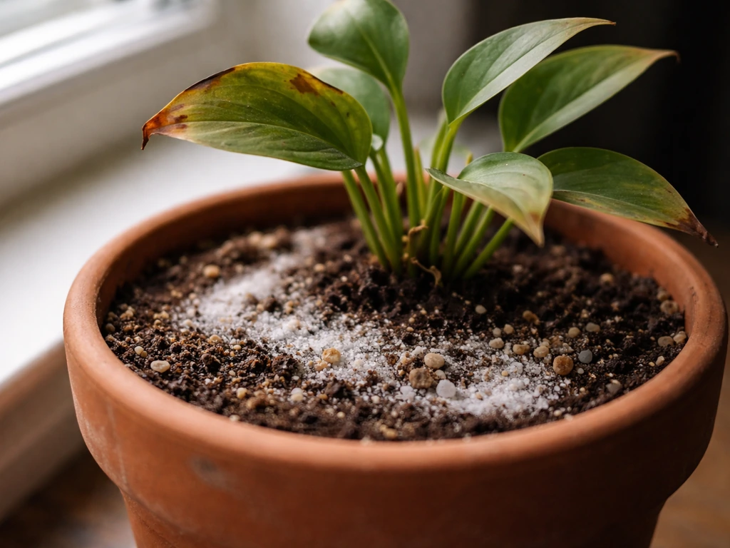 Close-up of a potted plant with salt crust on soil and burned leaf tips, indicating harsh mineral-salt feeding.