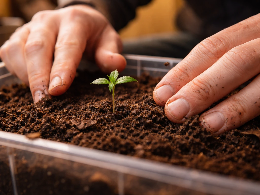 Hands gently tending a small autoflower seedling in a seedling tray under warm grow lights.