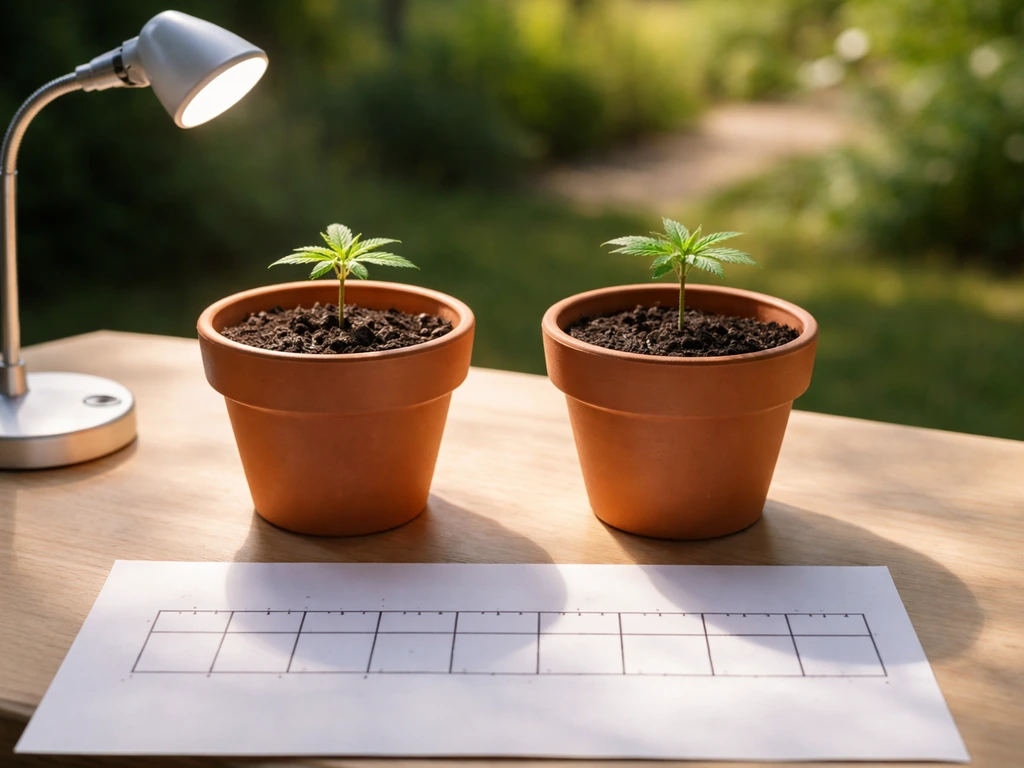Two potted seedlings with a blank calendar timeline to illustrate indoor vs outdoor grow planning.