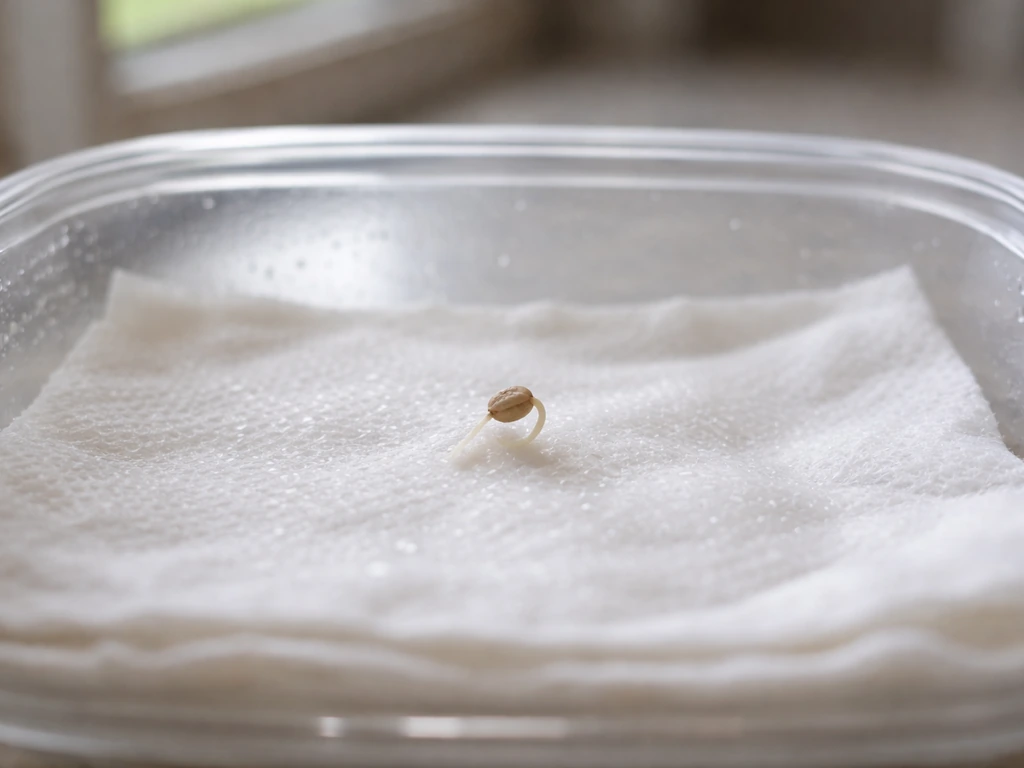 Tiny cannabis seed sprout on moist paper towel inside a clear container, day 1–3 germination setup.