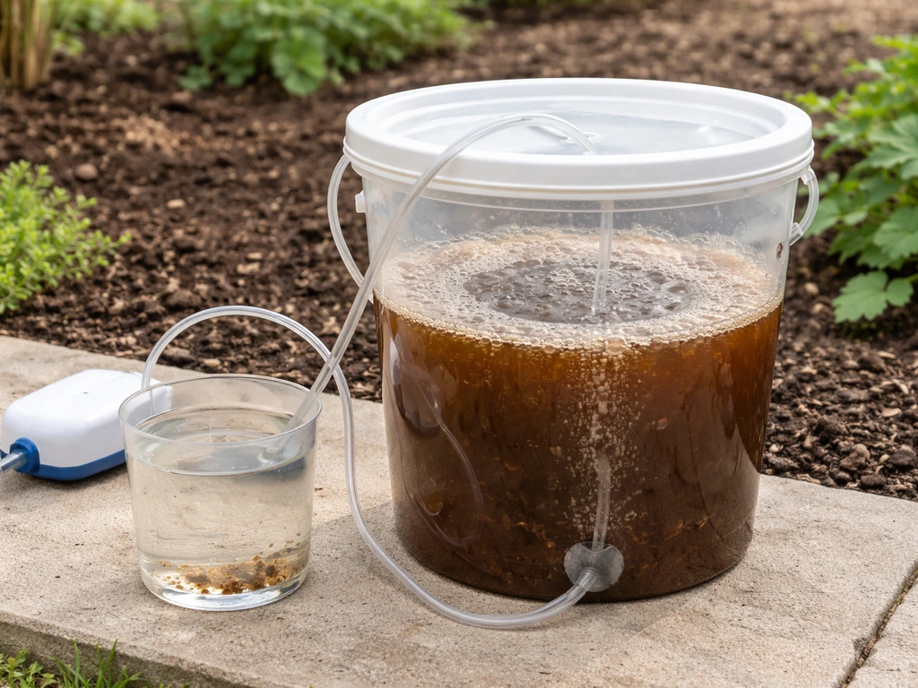 Compost tea brewing setup with air stone and measuring container in a simple outdoor space
