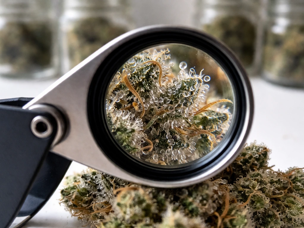 Macro view through a jeweler’s loupe showing trichomes on a flowering bud, with curing jars blurred in the background.