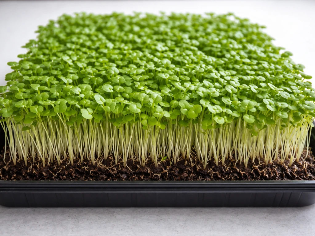 Close-up of harvest-ready microgreens growing densely in a tray, with moist substrate and fresh green tones.