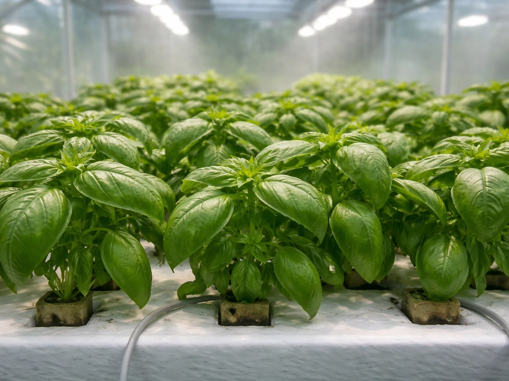 Close-up of healthy hydroponic basil under bright grow lights, lush leaves and new shoots.