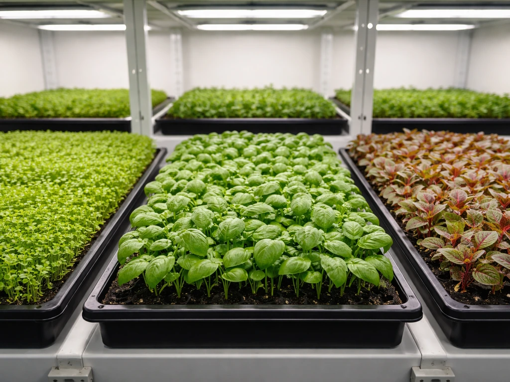 Three hydroponic beds side-by-side showing microgreens, basil, and a third leafy specialty crop.