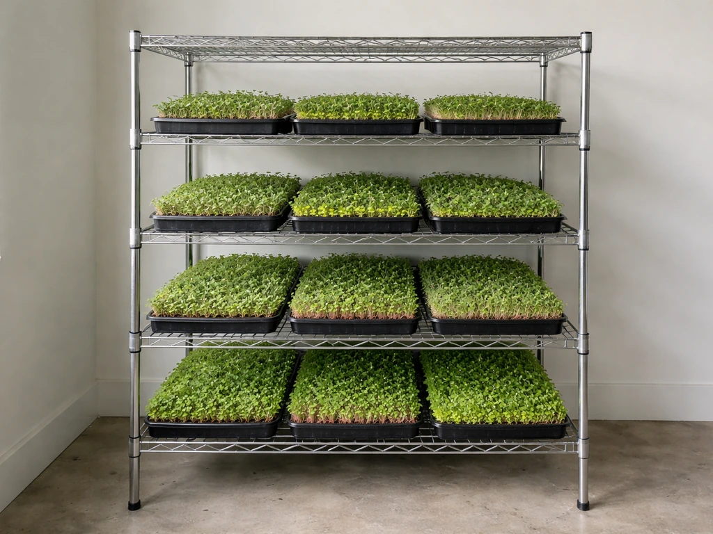 Vertically stacked microgreen trays on wire racks in a bright indoor grow space.