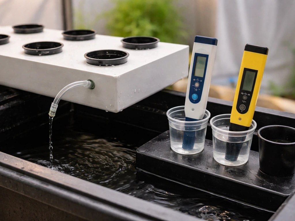 Hydroponic nutrient reservoir with EC/pH meters beside net pots and dripping nutrient lines.