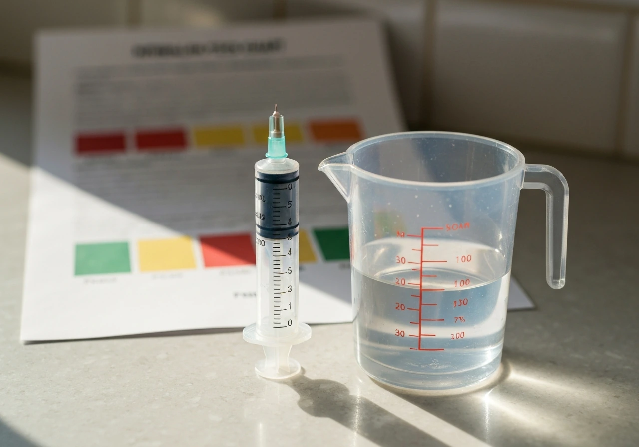 Close-up of syringe and measuring jug beside a blurred hydroponics feed chart concept for unit conversion.