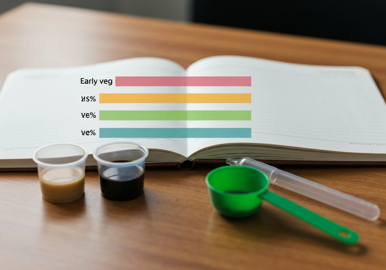 Open feeding notebook with dosing cups and a subtle color bar overlay indicating nutrient ratio shifts.