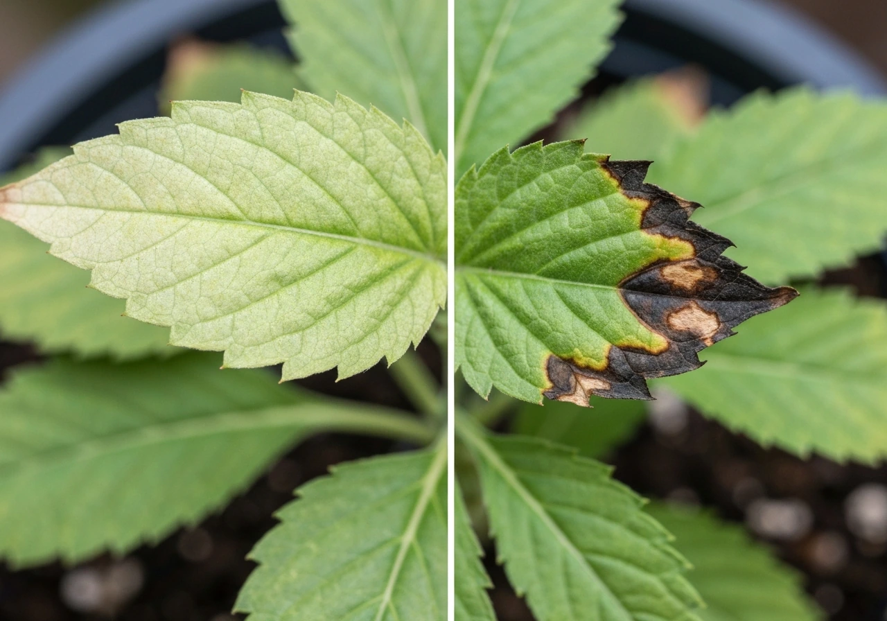 Split leaf close-up showing pale older leaves on one side and scorched tips from toxicity on the other.