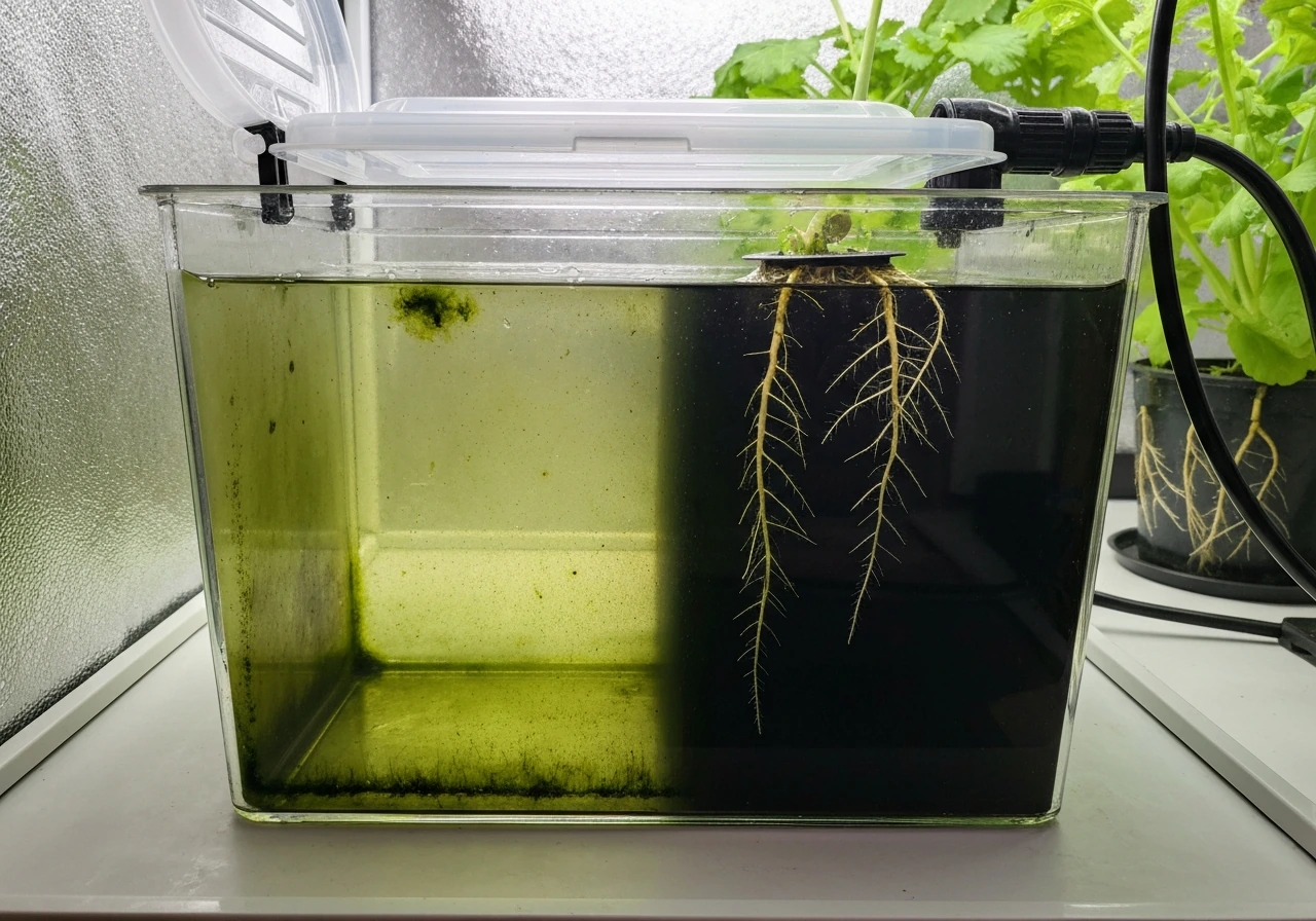 Hydroponic reservoir with a partially open lid, algae visible on the inner walls, roots kept dark and clean
