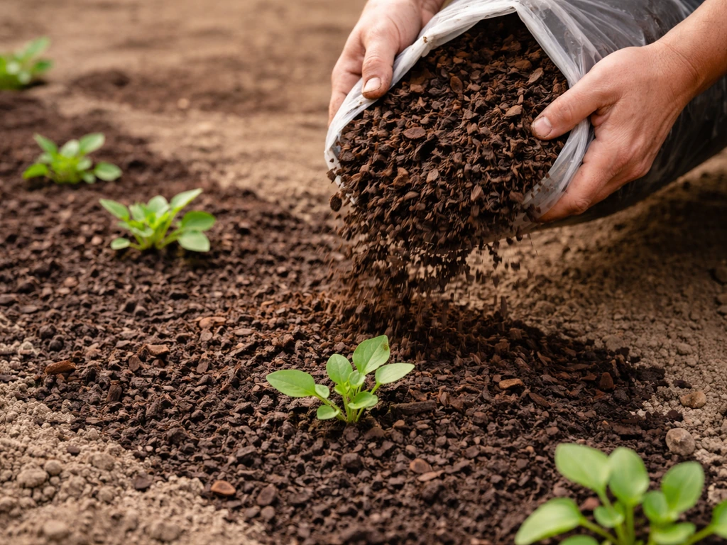 Hands pour dark mulch from a bag onto bare soil beside small seedlings.