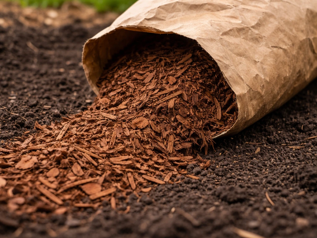 Shredded wood mulch spilling from an open bag onto dark garden soil.